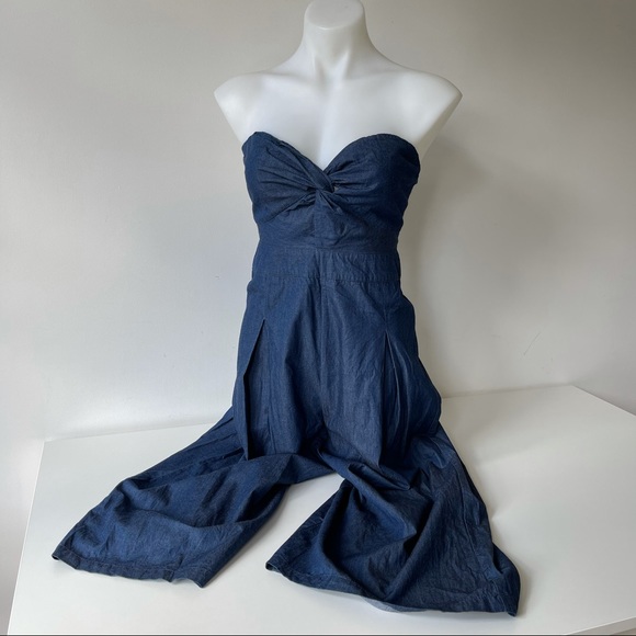 Denim strapless wide leg jumpsuit romper - Picture 6 of 13
